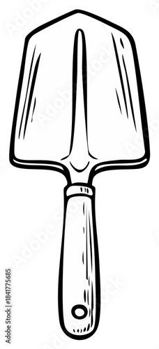 Hand drawn illustration of garden trowel with wood handle for transplanting or digging small holes for plants in spring