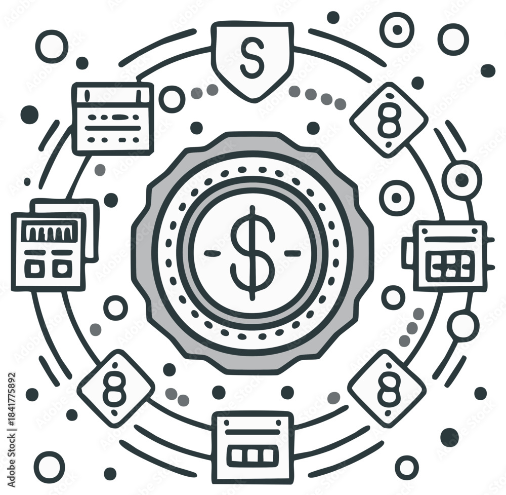 Fototapeta premium Stylized Vector Graphic Depicting Finance Security with Dollar Sign and Numerical Data