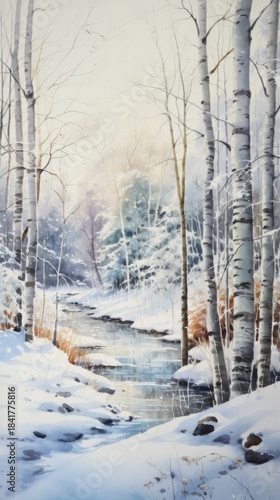 Winter Forest Realistic Watercolor Illustration. Snowy Trees Art Background. card or Invitation Page Print  Design. 