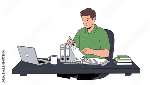 Man In Office Working Accounting on Desk with Laptop and Documents