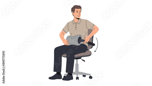 Man demonstrates self-massage using a handheld device while sitting on an office chair for health
