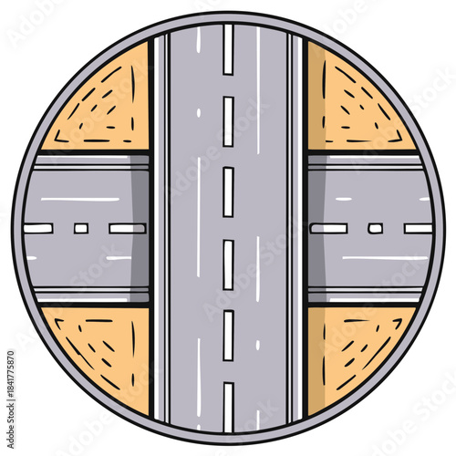 Aerial view of a road intersection with asphalt lanes and sandy borders inside a circle