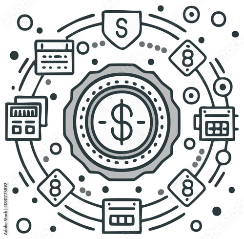 Stylized Vector Graphic Depicting Finance Security with Dollar Sign and Numerical Data