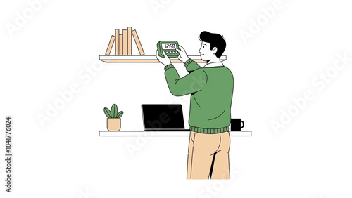 Man setting up a clock at home or office showing 12:50 on a shelf