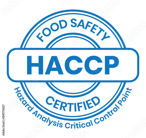 HACCP Hazard Analysis Critical Control Points, Food Safety system, logo, badge, icon, sticker, label, emblem, stamp, symbol, green, golden, flat vector, isolated illustration. HACCP Certified.