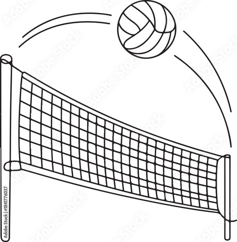 Continuous line illustration of a volleyball trajectory arc over a net with elegant minimal artistic outline drawing