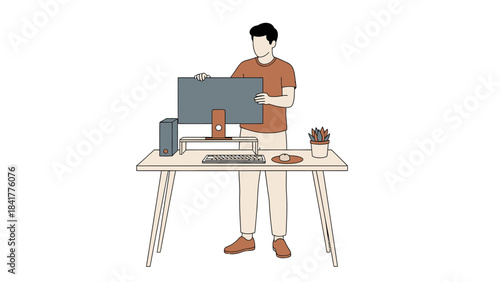Man setting up computer equipment on desk, modern office setting, minimal illustration style