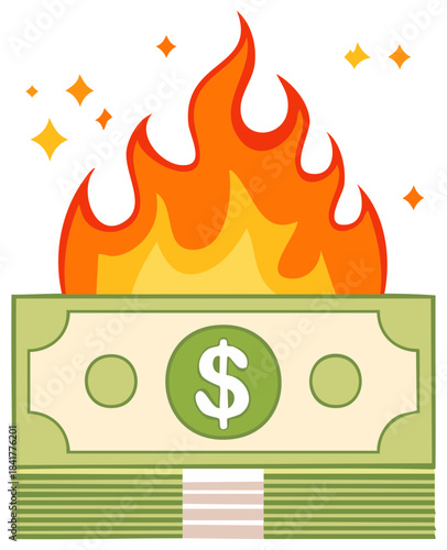 Money on fire, symbolizing financial loss, burning cash, or economic crisis with sparkling effects.