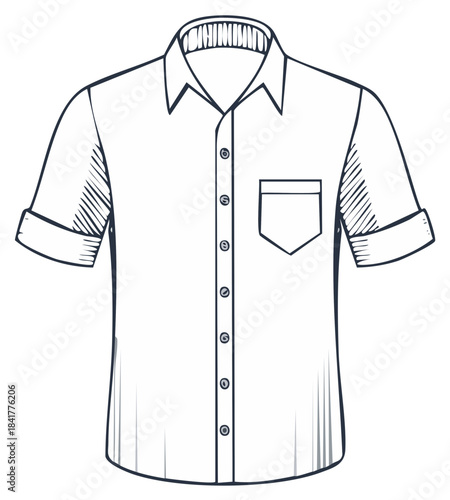 Men's casual short sleeve button down shirt vector line art illustration with a pocket