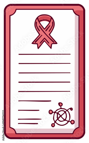 Pink ribbon on certificate representing breast cancer awareness or medical document
