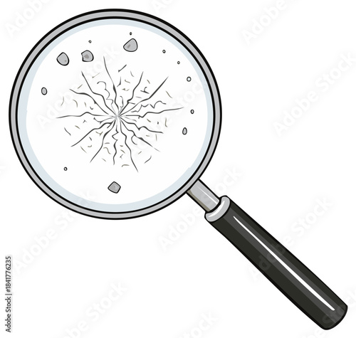 Cartoon magnifying glass closely examining a cracked and shattered surface with small fragments