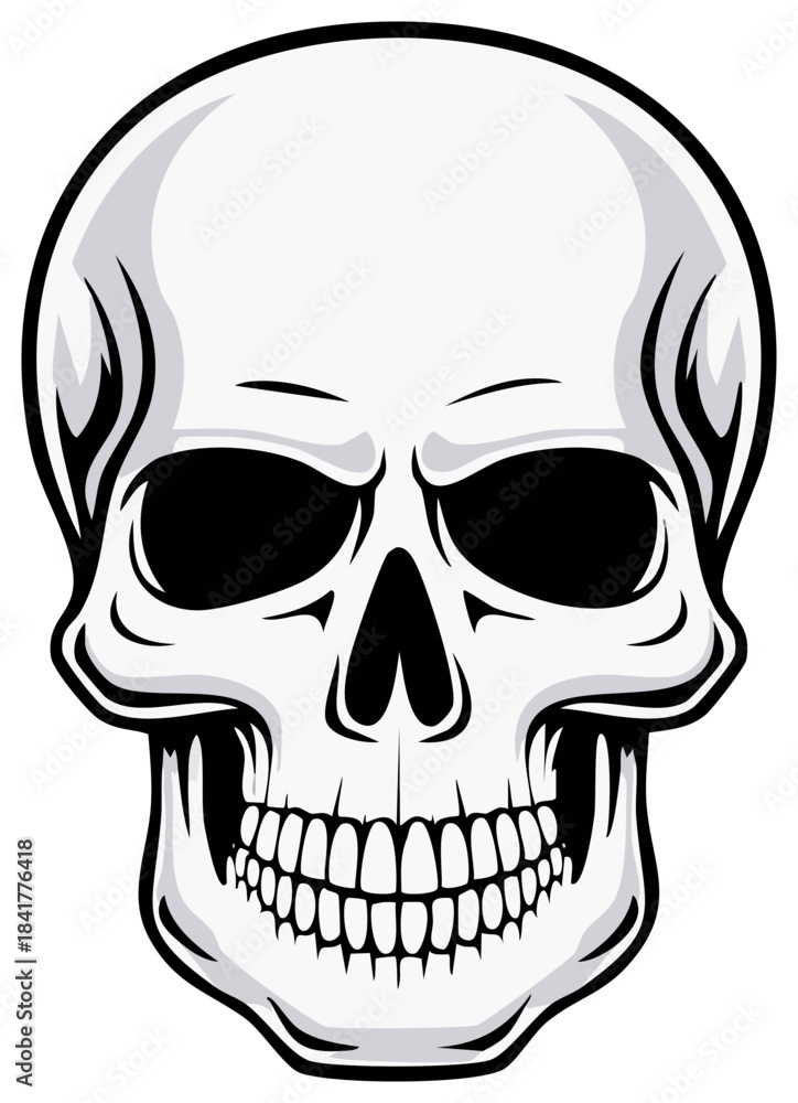Fototapeta premium Stylized Human Skull Front View With Black Eye Sockets And Teeth