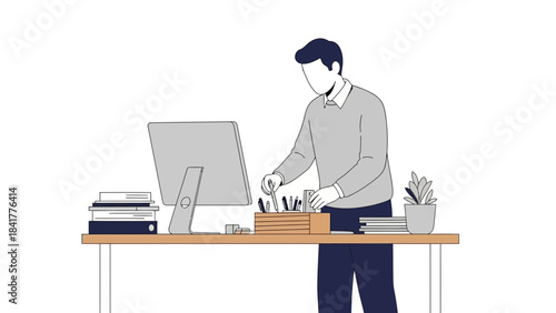 Minimalist illustration of a person at a desk in an office workspace no comma