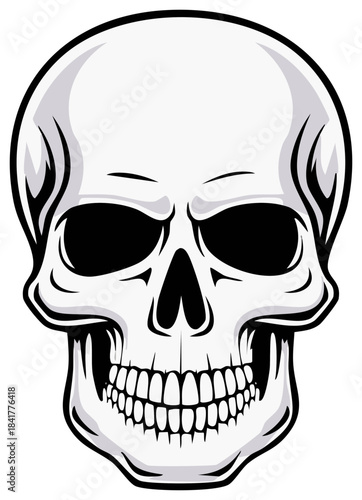 Stylized Human Skull Front View With Black Eye Sockets And Teeth