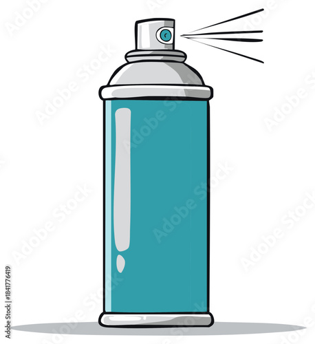 Simple cartoon vector illustration of a teal aerosol spray can actively spraying a mist from its nozzle.