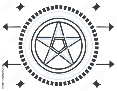 Five Pointed Star Enclosed in Circle with Arrows and Stars Esoteric Symbolism Design
