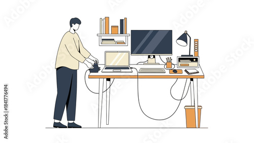 Minimalist illustration of a person at a desk working with computer and other office supplies