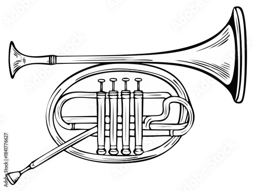 Orchestral French Horn Brass Wind Instrument Black and White Outline Art