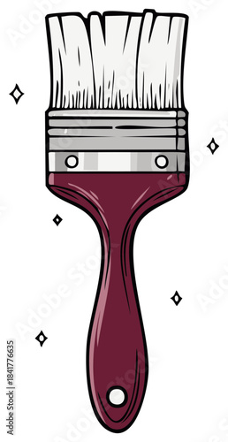 Cartoon drawing of a sparkling clean paintbrush tool with maroon handle