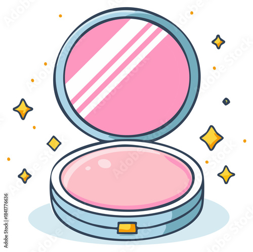 Charming cartoon open compact case featuring a vibrant pink mirror and soft blush powder with cheerful sparkles