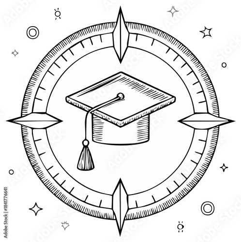 Graduation Cap in Compass Pointing Future Education Success Guide, Hand Drawn Design