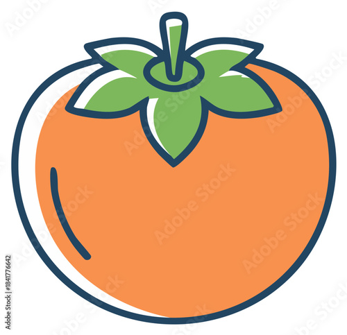 Cartoon illustration of a ripe tomato with green leaves