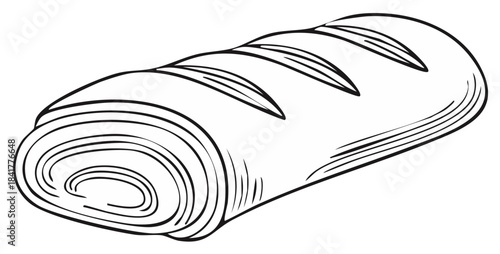 Black and white sketch of a crusty bakery bread loaf with scoring lines and rolled dough texture