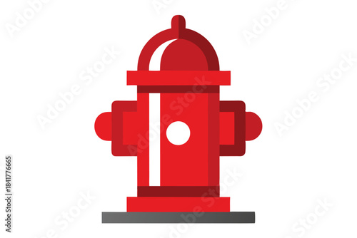 A bright red stylized fire hydrant stands solidly on a grey base platform