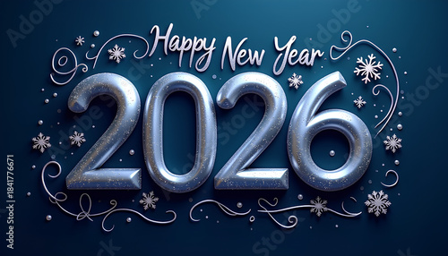 Colorful Festive Background Featuring Silver 3D Happy New Year Typography