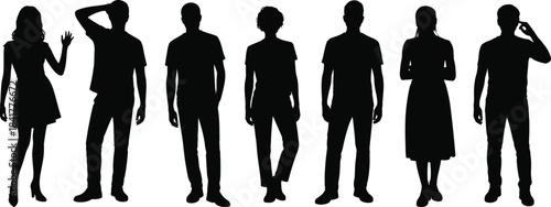 Diverse male and female silhouette collection featuring casual standing poses, expressive gestures and modern lifestyle characters for creative artwork and vector illustration