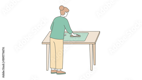Minimalist illustration of a person working at a desk isolated on a white background