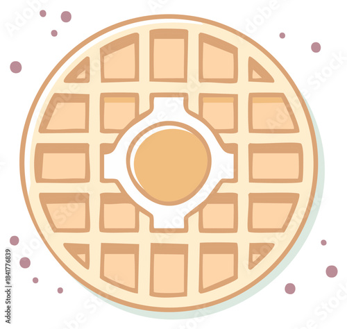 Hand drawn round Belgian waffle with butter simple flat cartoon illustration