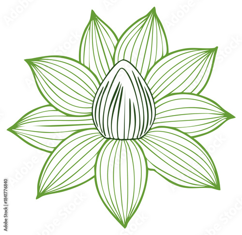 Stylized green lotus flower illustration with detailed petals and center bud.