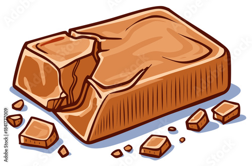 Cracked bar of sweet caramel toffee with broken pieces vector illustration