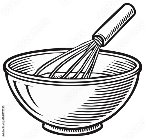 Retro illustration of a kitchen whisk in a mixing bowl with liquid