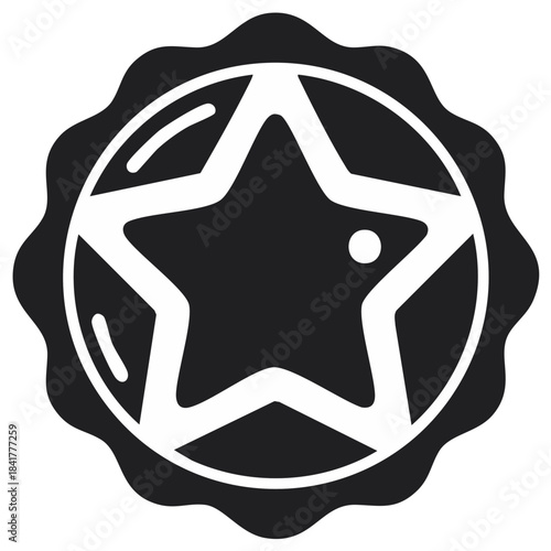 Black star badge with glossy finish and scalloped edge for quality rating or achievement emblem
