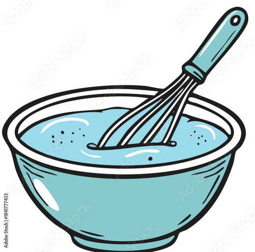 Cartoon whisk mixing liquid in a blue bowl making a batter or dough