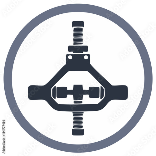 Mechanical device icon design with screw threads and round outline.