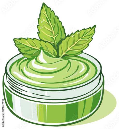 Jar of Fresh Mint Cream with Green Leaves, Herbal Skincare Product Illustration