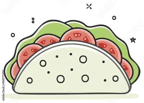 Simple Line Drawing of a Taco with Lettuce and Tomato