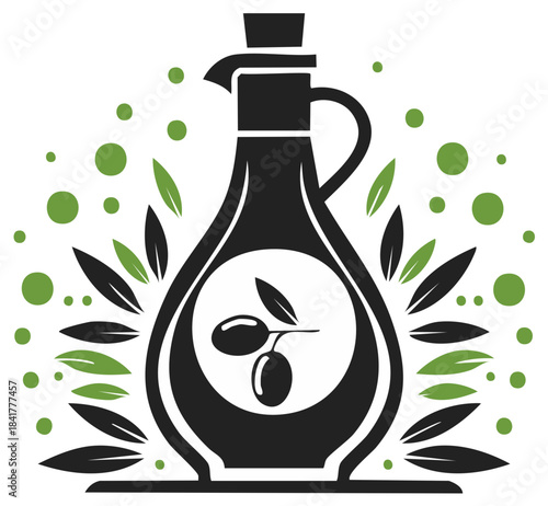 Decorative olive oil bottle illustration with olives and green leaves, healthy food
