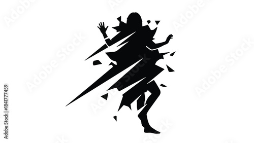 Dynamic black silhouette of a person breaking through shattered pieces in a powerful motion on white background for dramatic effect