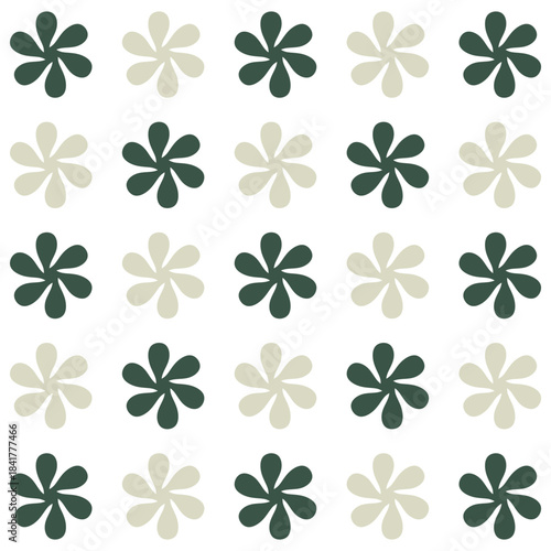 Seamless geometric floral pattern. Simple dark green and beige flowers on white background. Abstract propeller or pinwheel shapes background.