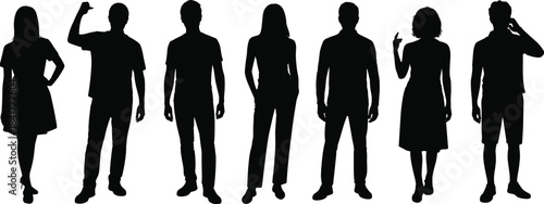 Diverse male and female silhouette collection featuring casual standing poses, expressive gestures and modern lifestyle figures for creative projects and vector design