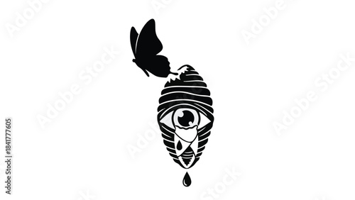 Mysterious eye with butterfly and stripes illustration for creative design, symbolizing freedom and vision
