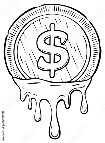 Melting dollar coin illustration representing financial loss economic instability and value decline