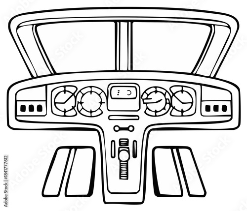 Aircraft cockpit instrument panel and controls line art illustration