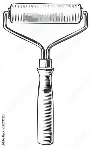 Linocut Hand Press Tool Artwork with Handle, Roller, and Metal Frame in Vintage Etching Style