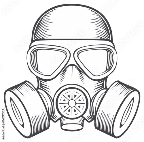 Detailed line art illustration of a vintage gas mask, industrial respirator for protection and safety.