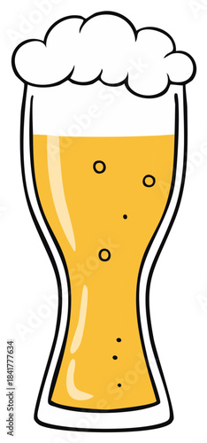 Refreshing golden beer with bubbly foam in a tall clear glass, illustration